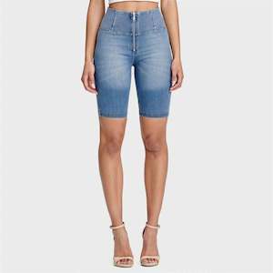 WRUP Denim - High Waisted - Biker Shorts - Light Blue + Yellow Stitching