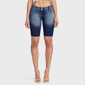 WRUP Denim - Mid Rise - Biker Shorts - Dark Blue + Blue Stitching