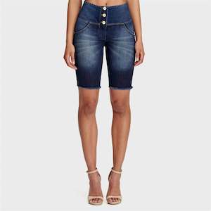 Shorts: WRUP Denim - High Waisted - 3 Button Biker Shorts - Dark Blue + Yellow Stitching