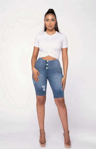 Shorts: WRUP Distressed Denim - High Waisted - Biker Shorts - Light Blue + Yellow Stitching