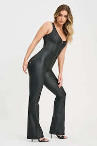 Faux Leather Pants In High Waist: WRUP Faux Leather Jumpsuit - High Waisted - Flare - Black