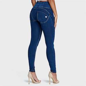 WRUP Denim - High Waisted - Full Length - Dark Blue + Yellow Stitching
