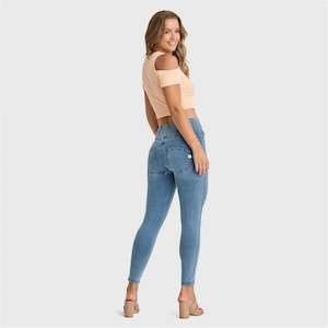 Best Sellers: WRUP Denim - High Waisted - 7/8 Length - Light Blue + Yellow Stitching