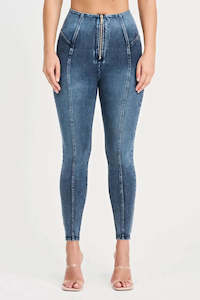 WRUP Denim with Feature Seam - High Waisted - 7/8 Length - Vintage Blue + Blue Stitching