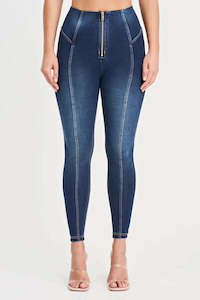 WRUP Denim with Feature Seam - High Waisted - 7/8 Length - Dark Blue + Beige Stitching