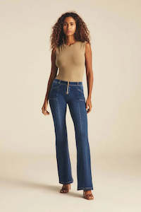WRUP Denim with Gold Zip - Mid Rise - Flare - Dark Blue + Beige Stitching