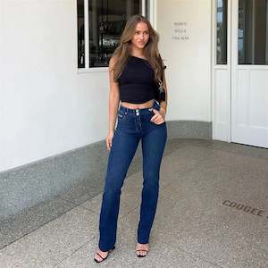 WRUP SNUG Jeans - 2 Button High Waisted - Bootcut - Dark Blue + Blue Stitching