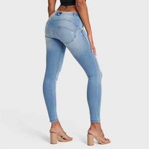 WRUP SNUG Jeans - Mid Rise - Full Length - Light Blue + Yellow Stitching