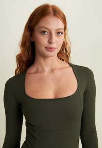 Under 50: Women's Long Sleeve Square Neck Bodysuit - Military Green
