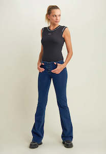 WRUP Denim with Criss Cross Detail - Mid Rise - Full Length - Flare - Dark Blue &hellip;