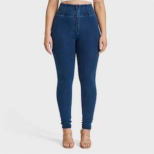 Full Length Freddy Fashion And Denim Pants: WRUP Curvy Denim - Zip High Waisted - Full Length - Dark Blue + Blue Stitching