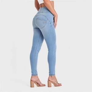 WRUP SNUG Jeans - High Waisted - Full Length - Light Blue + Yellow Stitching