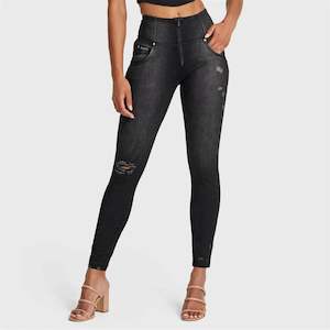 WRUP SNUG Distressed Jeans - High Waisted - Full Length - Black + Black Stitching