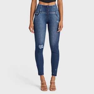 WRUP SNUG Distressed Jeans - High Waisted - Full Length - Dark Blue + Blue Stitching