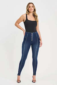 WRUP Denim with Feature Seam - High Waisted - Full Length - Dark Blue + Beige Stitching