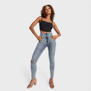 WRUP SNUG Ripped Jeans - High Waisted - Full Length - Blue Stonewash + Yellow Stitching
