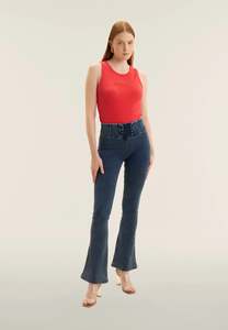 Wr Up Freddy Pants: WRUP Denim Flare with Lace Detail - High Waisted - Full length - Dark Blue with Blue Stitching