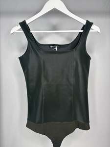 Under 50: Faux Leather Velvet Bodysuit - Army Green