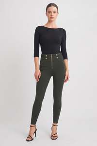 WRUP Military Button Detail Fashion - High Waisted - 7/8 Length - Army Green