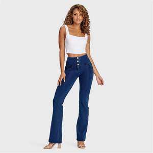 Flares: WRUP Denim - High Waisted - Bell Bottom Flare - Dark Blue + Blue Stitching