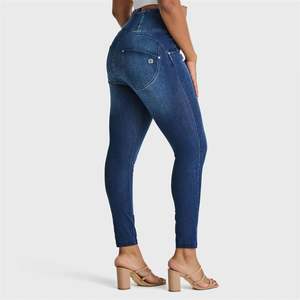 Full Length Freddy Fashion And Denim Pants: WRUP SNUG Curvy Jeans - High Waisted - Full Length - Dark Blue + Blue Stitching