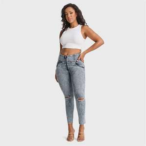 WRUP SNUG Ripped Jeans - High Waisted -7/8 Length - Blue Stonewash + Yellow Stitching