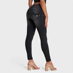 WRUP SNUG Distressed Jeans - High Waisted - 7/8 Length - Black + Black Stitching