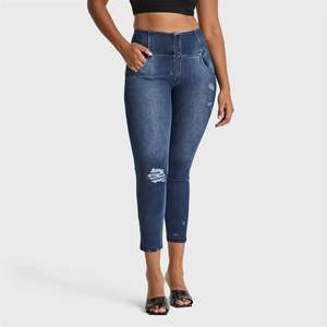 WRUP SNUG Distressed Jeans - High Waisted - 7/8 Length - Dark Blue + Blue Stitching