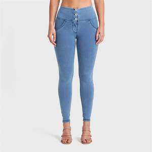 WRUP Denim - 3 Button High Waisted - Full Length - Light Blue + Blue Stitching