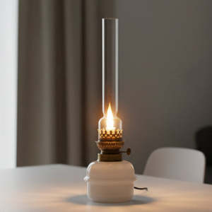 Decor: Antique White Glass Oil Lamp.