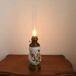 Decorative: Antique French Painted Pottery Oil Lamp