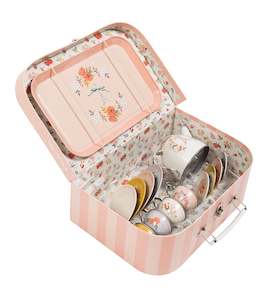 Traditional Toys: Moulin Roty | Child-Safe and Food-Safe Tin Tea Set Suitcase | 'Les Parisiennes' collection | Age: 3+