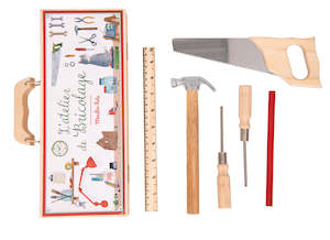 Traditional Toys: Moulin Roty | Small Tool Box Set in Wooden Case | 6 Wood and Steel Tools