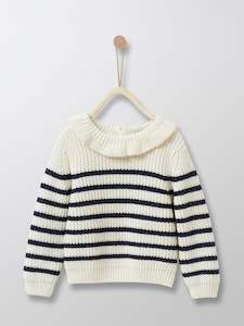 Tops: Cyrillus Paris | Girl's 'Mariniere' Sweater with Frill Collar | White & Black Stripes | Size: 2Y, 3Y, 8Y