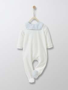 Bodysuits Rompers: Cyrillus Paris | Sleepsuit with Sailor Collar | White + Light Blue Collar | 1M, 3M
