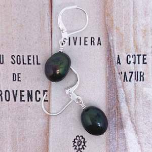 Lever Back: 925 Sterling Silver Baroque Black Pearl Leverback Earrings "Riazza"
