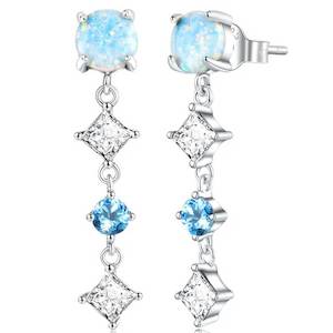 Opals: Silver Drop CZ Diamond and Opal Earrings "Sophia" (Blue)