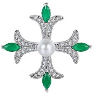 Silver Green Crystal and Pearl Brooch "Josephine"