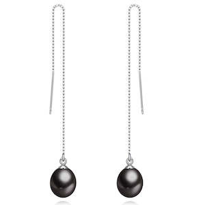 Threaders: 925 Sterling Silver Black Pearl Threader Earrings "Clara" (Black)