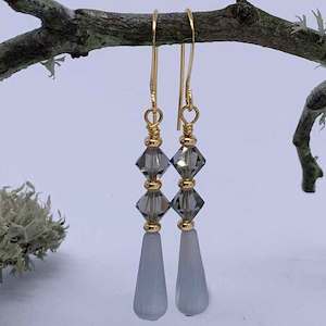 18K Gold Crystal and Cat's Eye Teardrop Earrings "Candice" (Grey)
