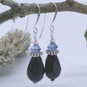 Frenelle Design: Black Drop Earrings with Premium Crystals "Jamal" (Blue)