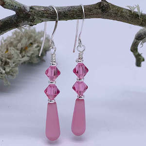 925 Sterling Silver Crystal and Cat's Eye Teardrop Earrings "Candice" (Pink)