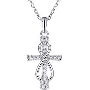Religious: 925 Sterling Silver Infinity Cross CZ Diamond Necklace "Adriel"