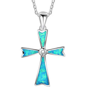 925 Sterling Silver Cross Blue Opal Necklace "Ripeka" (Blue)