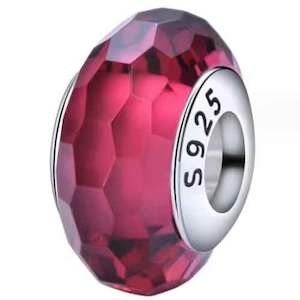 Pink Red: 925 Sterling Silver Facetted Glass Charm Bead (Ruby)