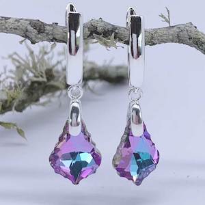 Pink Red: Silver Drop Huggie Crystal Earrings "Orlondo" (Blue-Pink)
