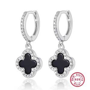 Cubic Zirconia: Silver Clover Huggie Earring "Leika" (Black)