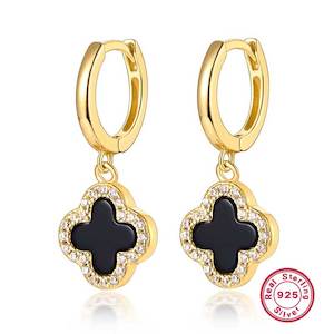 Cubic Zirconia: Gold Clover Huggie Earrings "Leika" (Black)