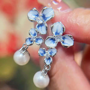 Silver Blue Flower Pearl Earrings "Joliss"