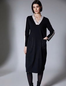 Dresses: PERUZZI-Side Striped Dress-W25146 Black/Ecru